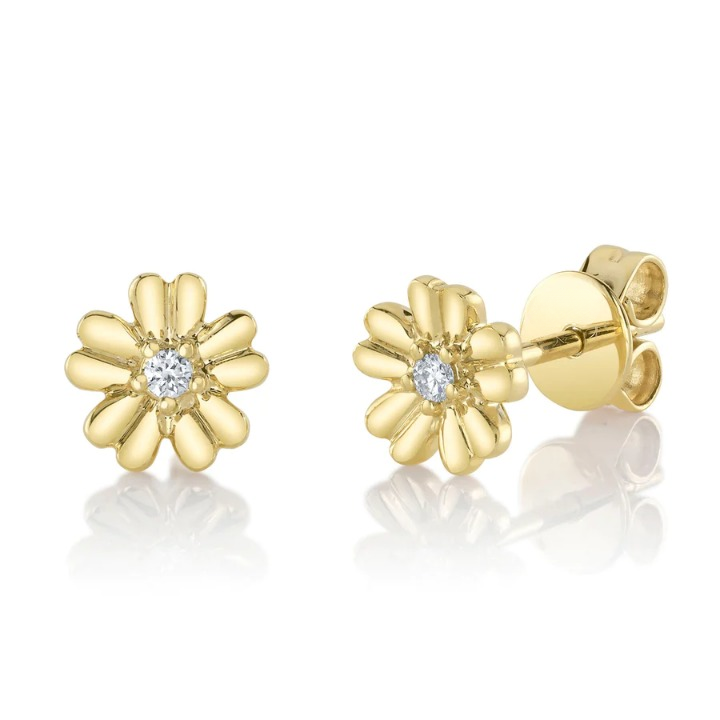 14K YELLOW GOLD TWO TONE GOLD SMALL DIAMOND FLOWER STUDS EARRINGS 3 GRAMS