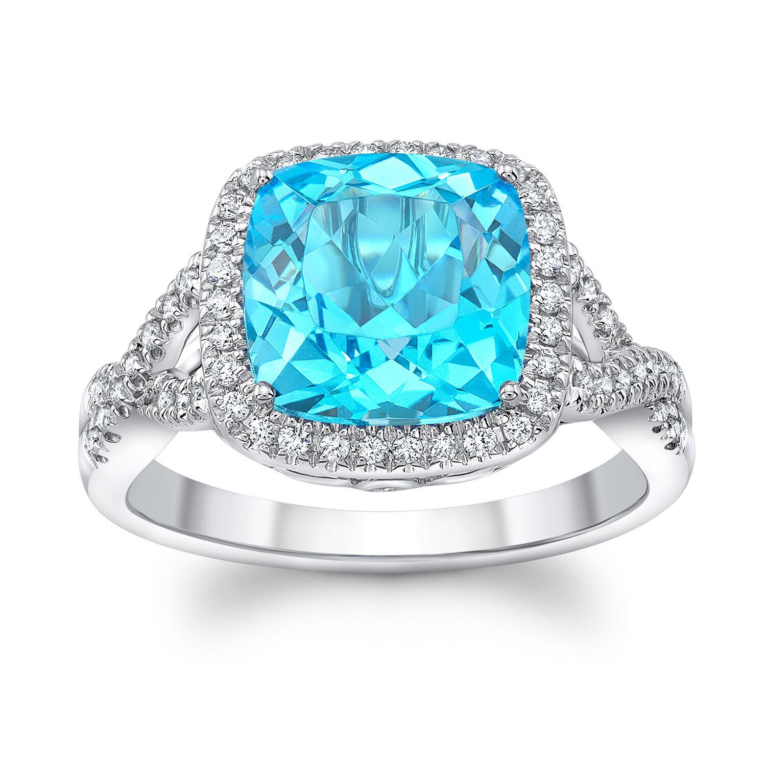 Swiss Blue Topaz Cushion Cocktail Ring in 14K White Gold (3.50