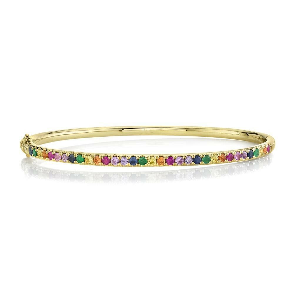 Rainbow Gemstone Bangle Bracelet, 14K Yellow Gold