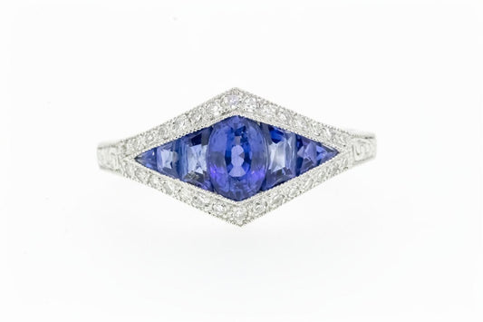 Art Deco Inspired Oval French Cut Sapphire Diamond Ring