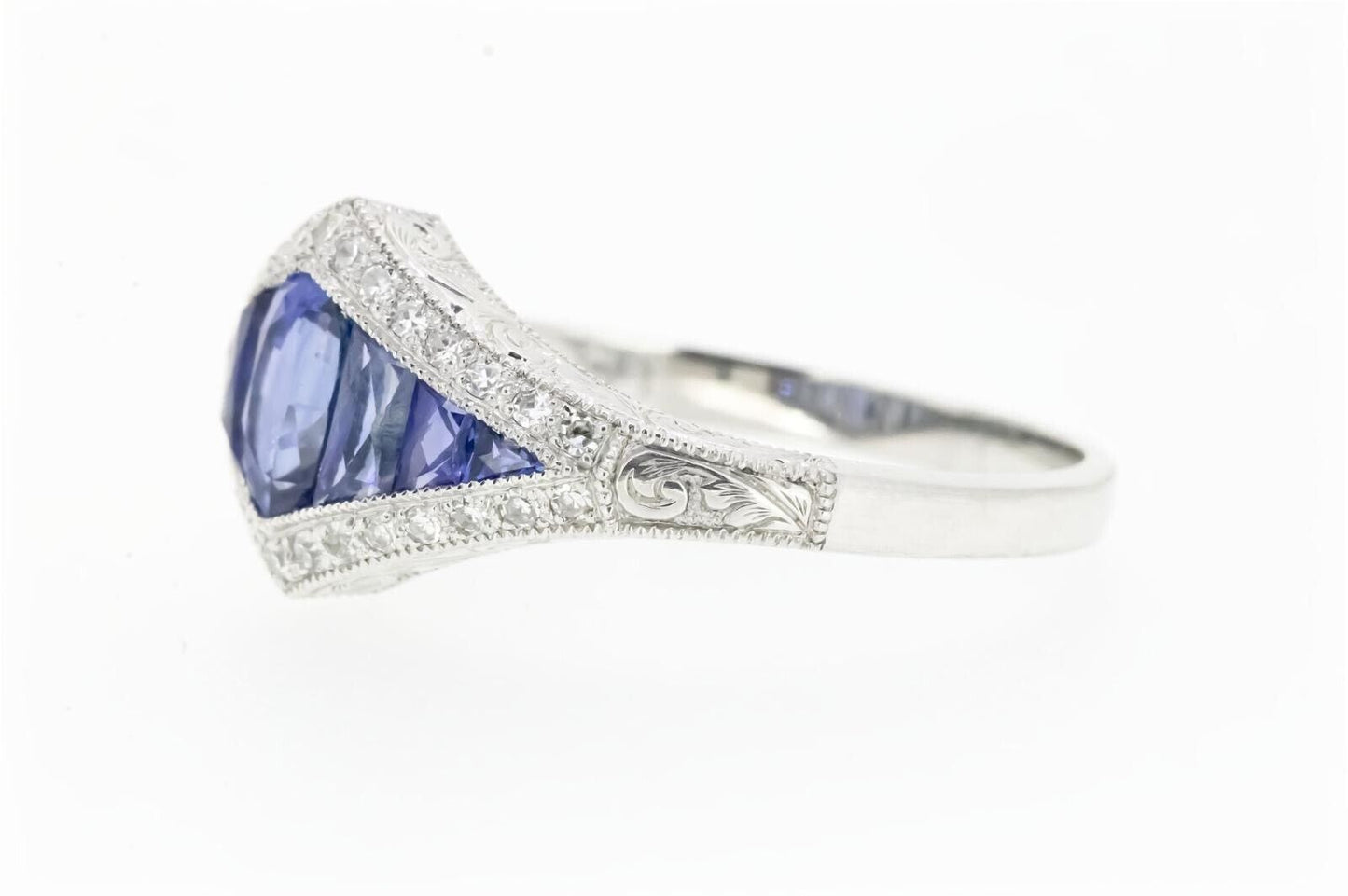 Art Deco Inspired Oval French Cut Sapphire Diamond Ring