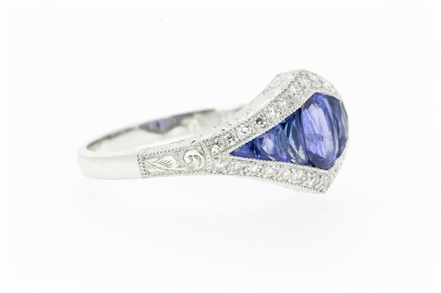 Art Deco Inspired Oval French Cut Sapphire Diamond Ring