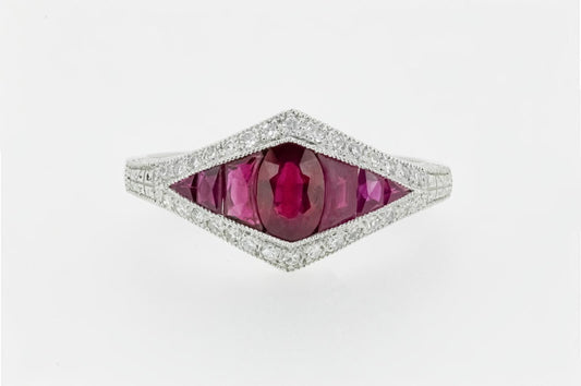 Art Deco Inspired Ruby Oval French Cut Diamond Platinum Ring