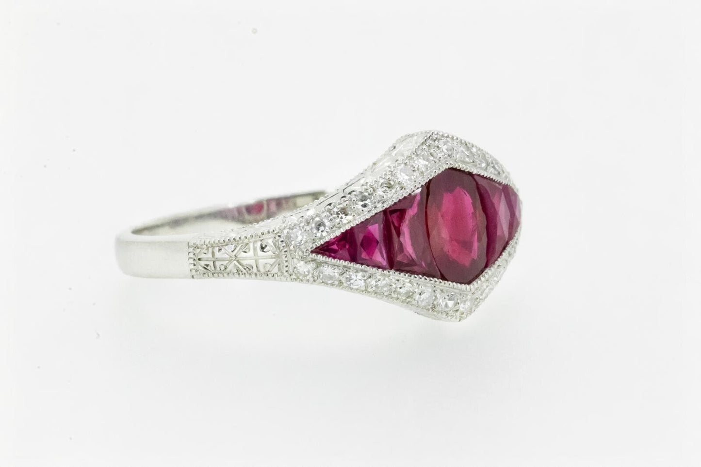 Art Deco Inspired Ruby Oval French Cut Diamond Platinum Ring