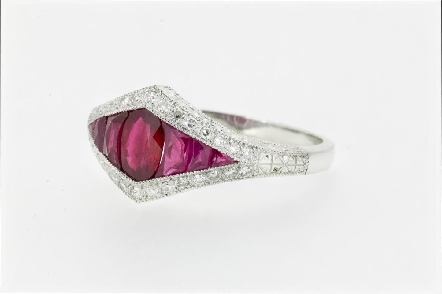 Art Deco Inspired Ruby Oval French Cut Diamond Platinum Ring