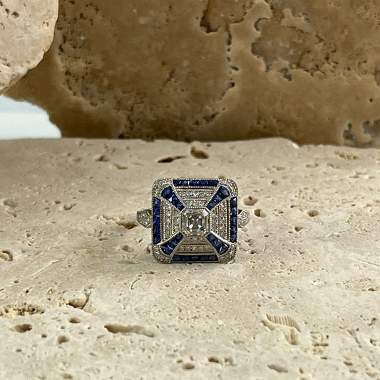 Art Deco Inspired Asscher Cut Diamond Sapphire Platinum Ring
