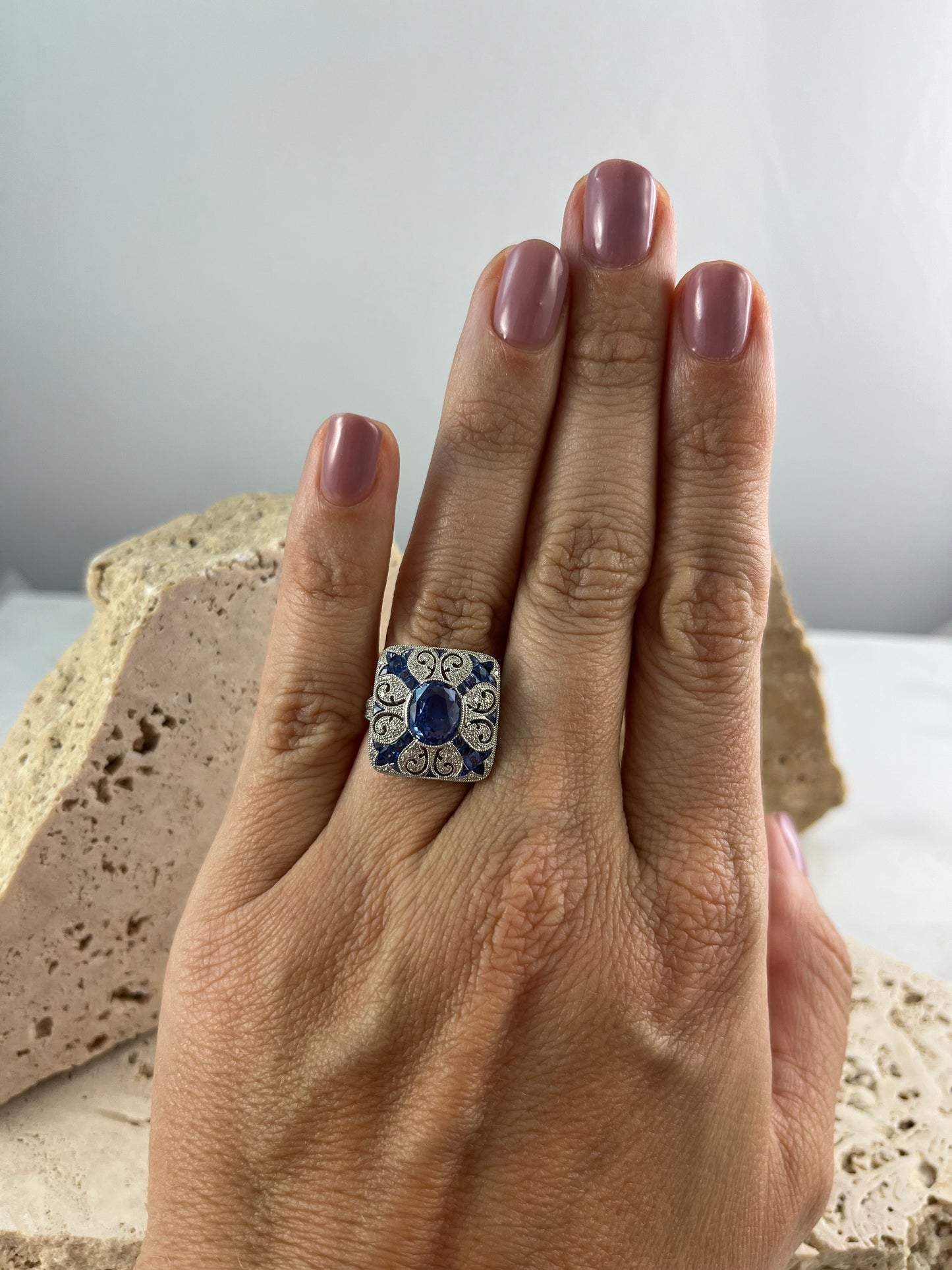 Art Deco Inspired Oval Sapphire Diamond Platinum Ring