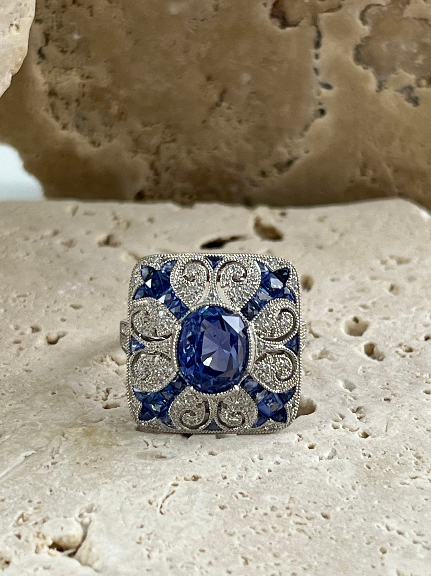 Art Deco Inspired Oval Sapphire Diamond Platinum Ring