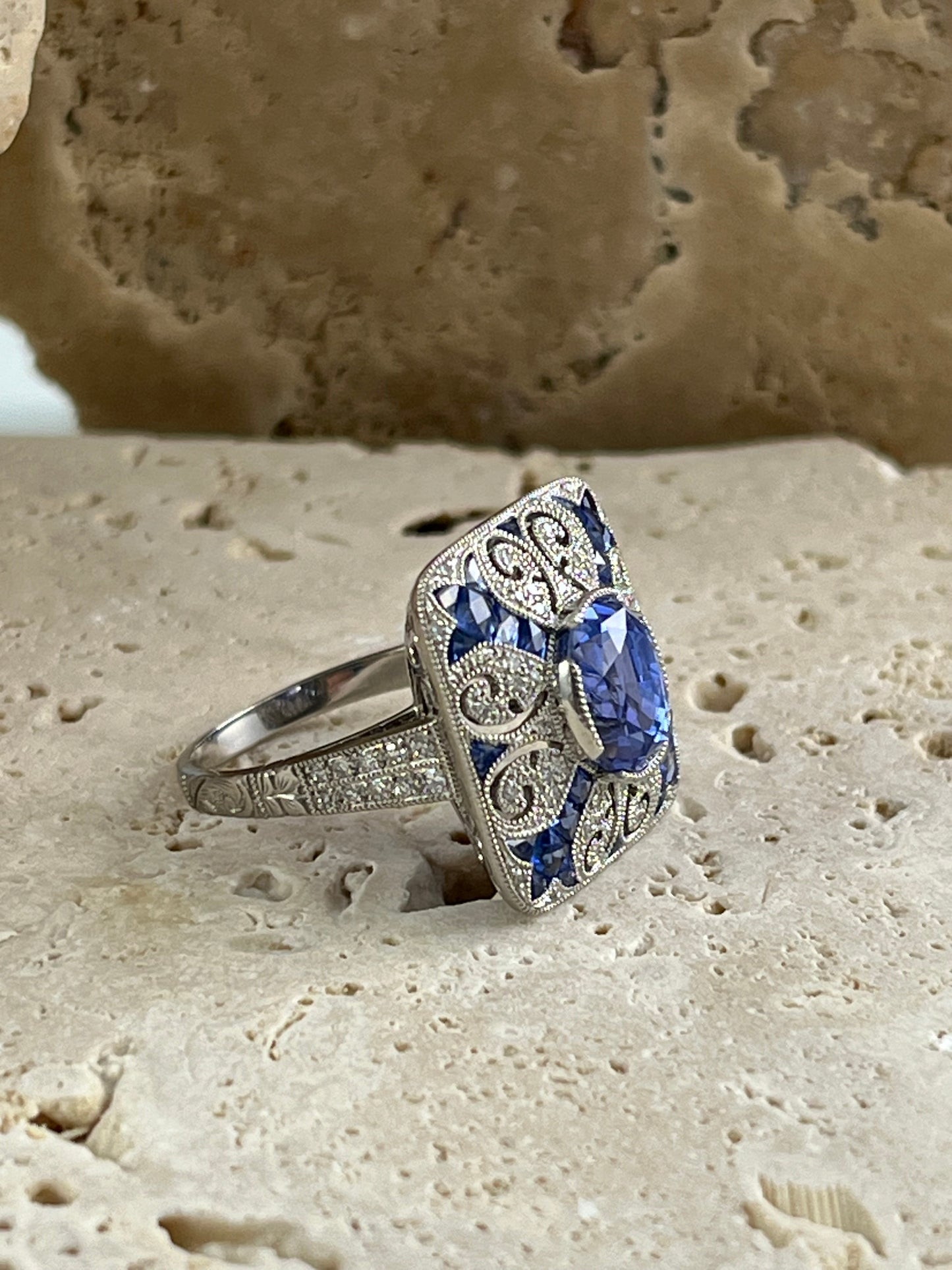 Art Deco Inspired Oval Sapphire Diamond Platinum Ring