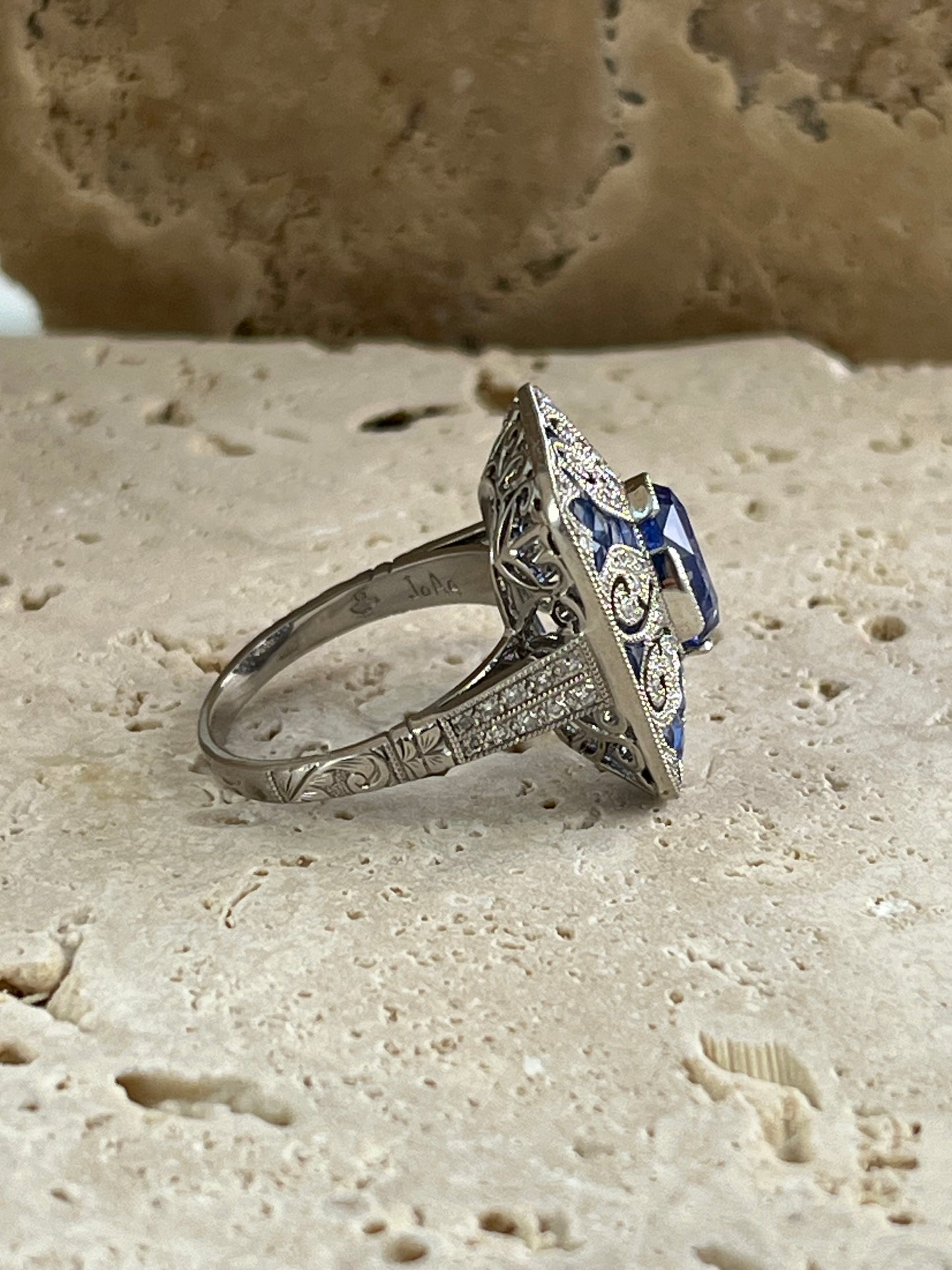 Art Deco Inspired Oval Sapphire Diamond Platinum Ring