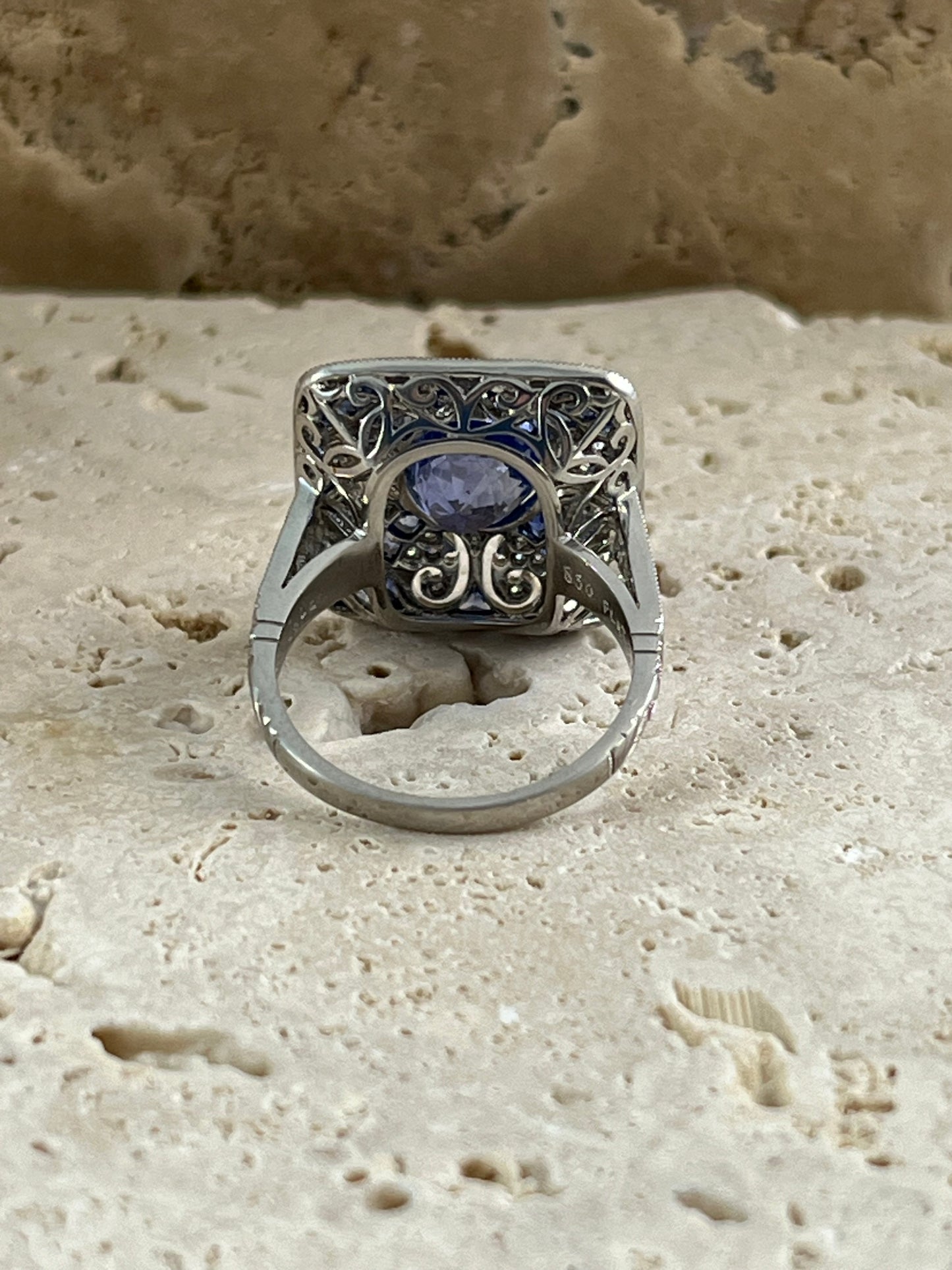 Art Deco Inspired Oval Sapphire Diamond Platinum Ring