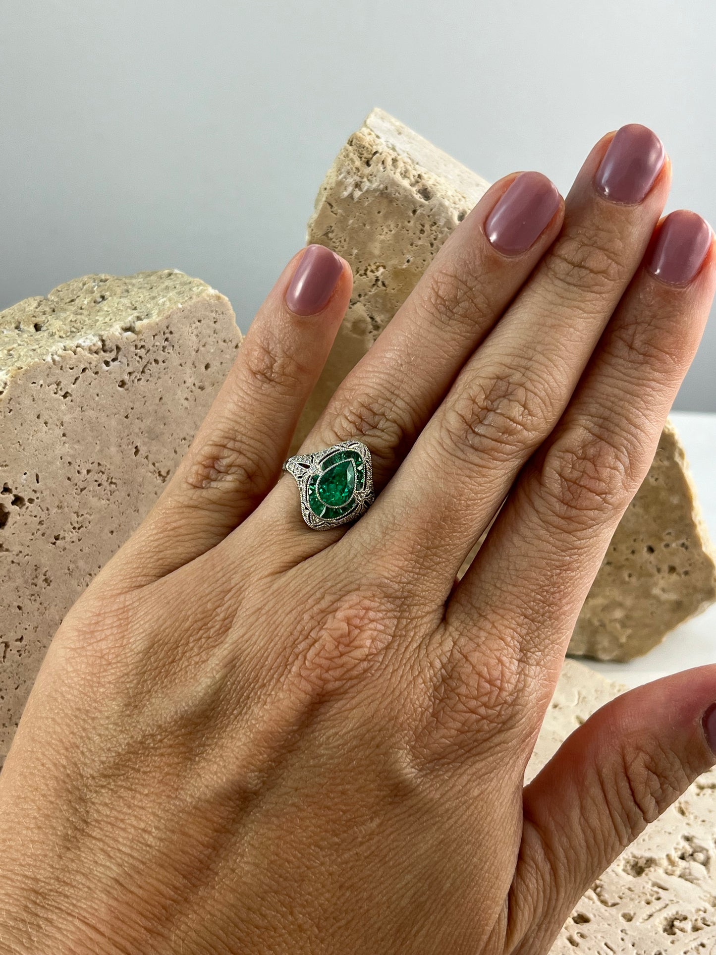 Art Deco Inspired Pear Cut Emerald Platinum Diamond Ring