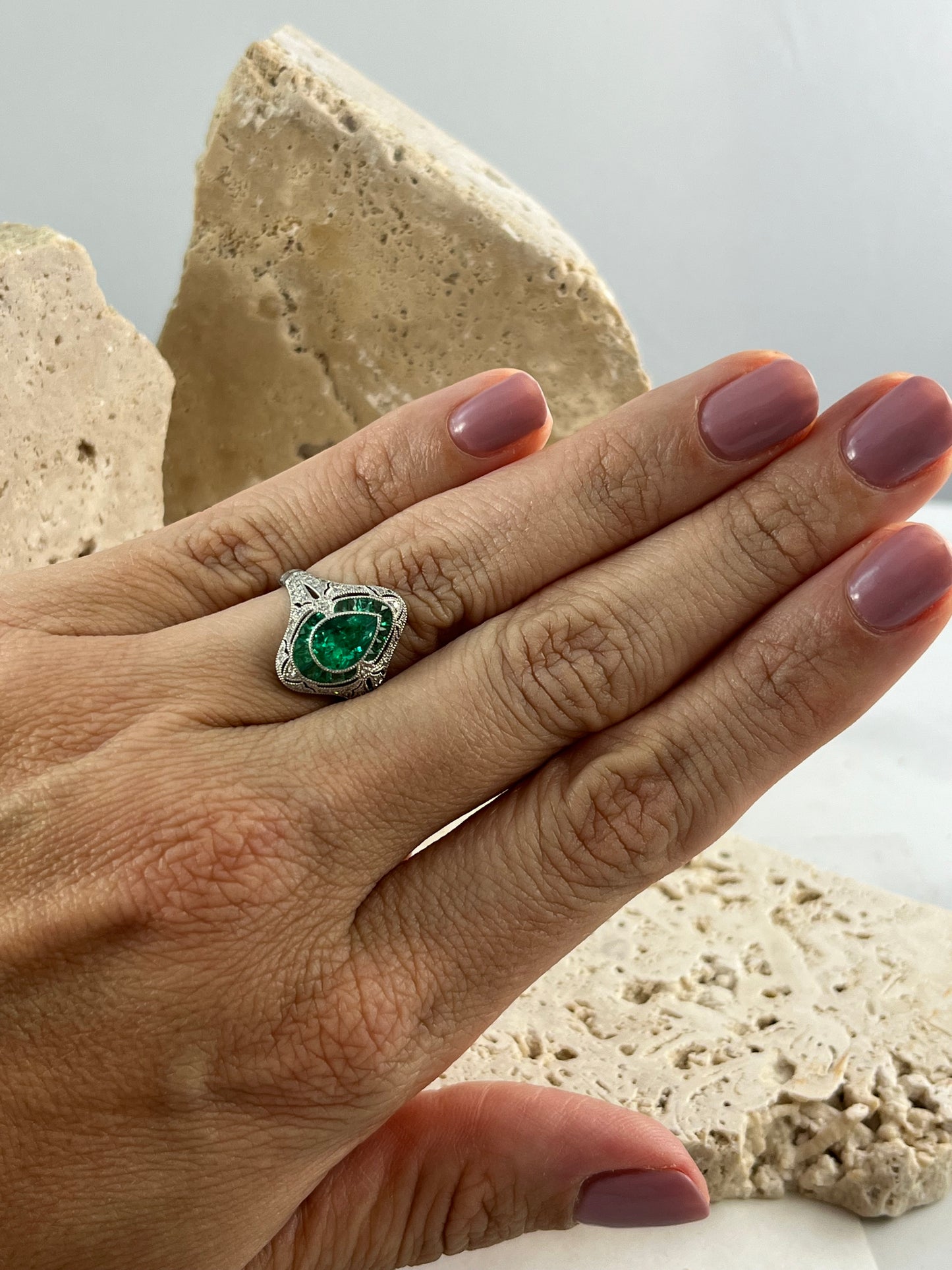 Art Deco Inspired Pear Cut Emerald Platinum Diamond Ring