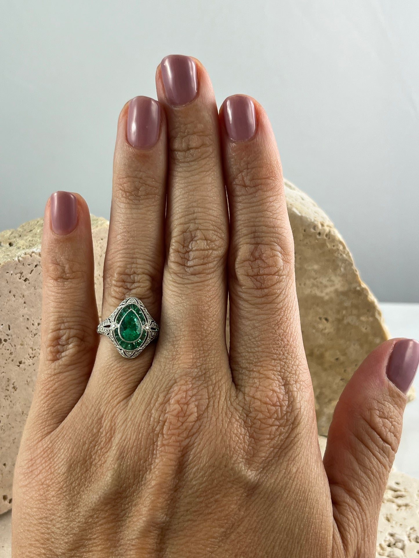 Art Deco Inspired Pear Cut Emerald Platinum Diamond Ring