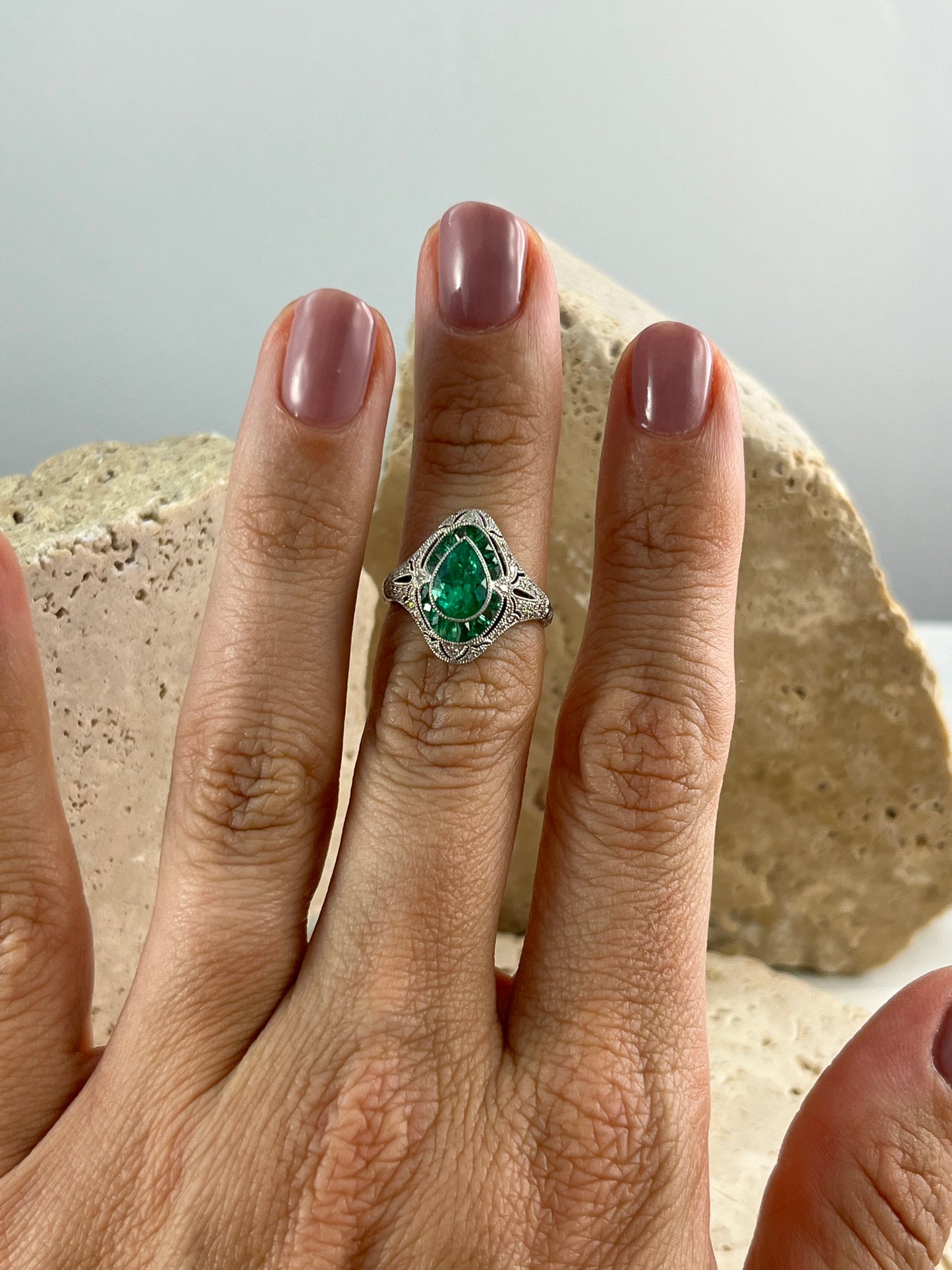 Art Deco Inspired Pear Cut Emerald Platinum Diamond Ring