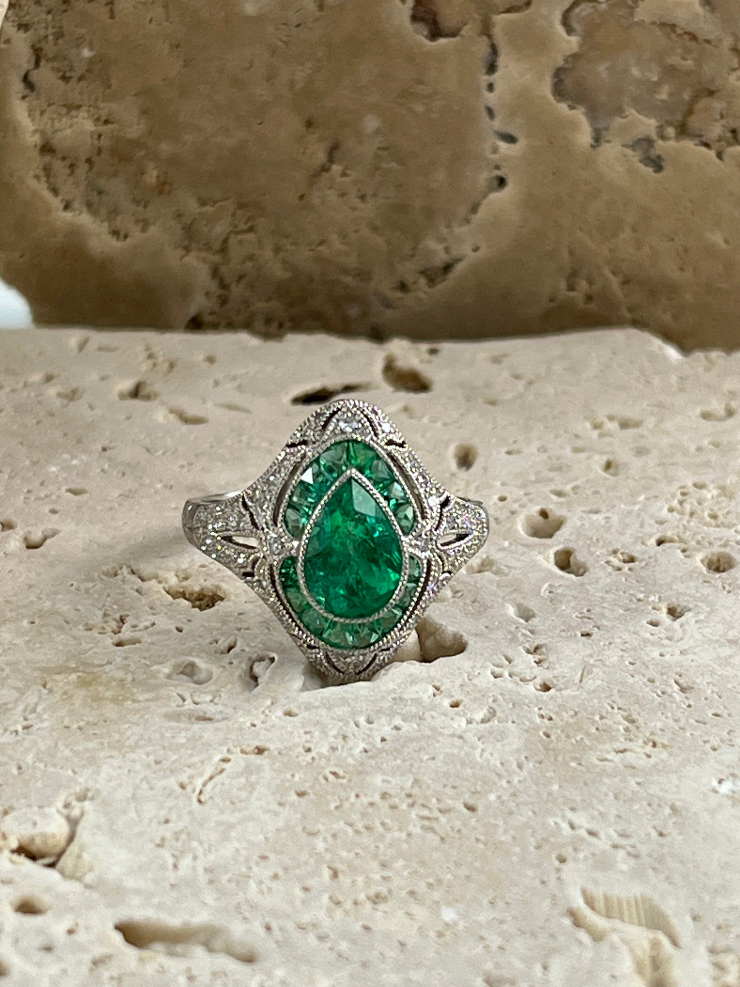 Art Deco Inspired Pear Cut Emerald Platinum Diamond Ring