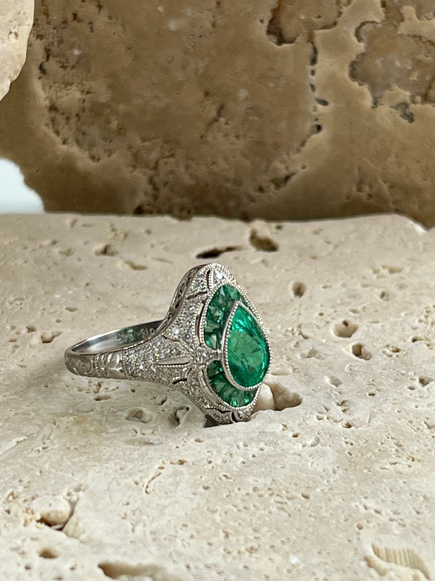 Art Deco Inspired Pear Cut Emerald Platinum Diamond Ring