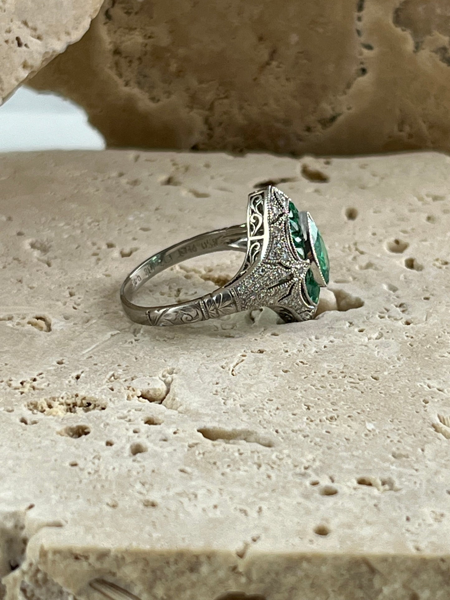 Art Deco Inspired Pear Cut Emerald Platinum Diamond Ring