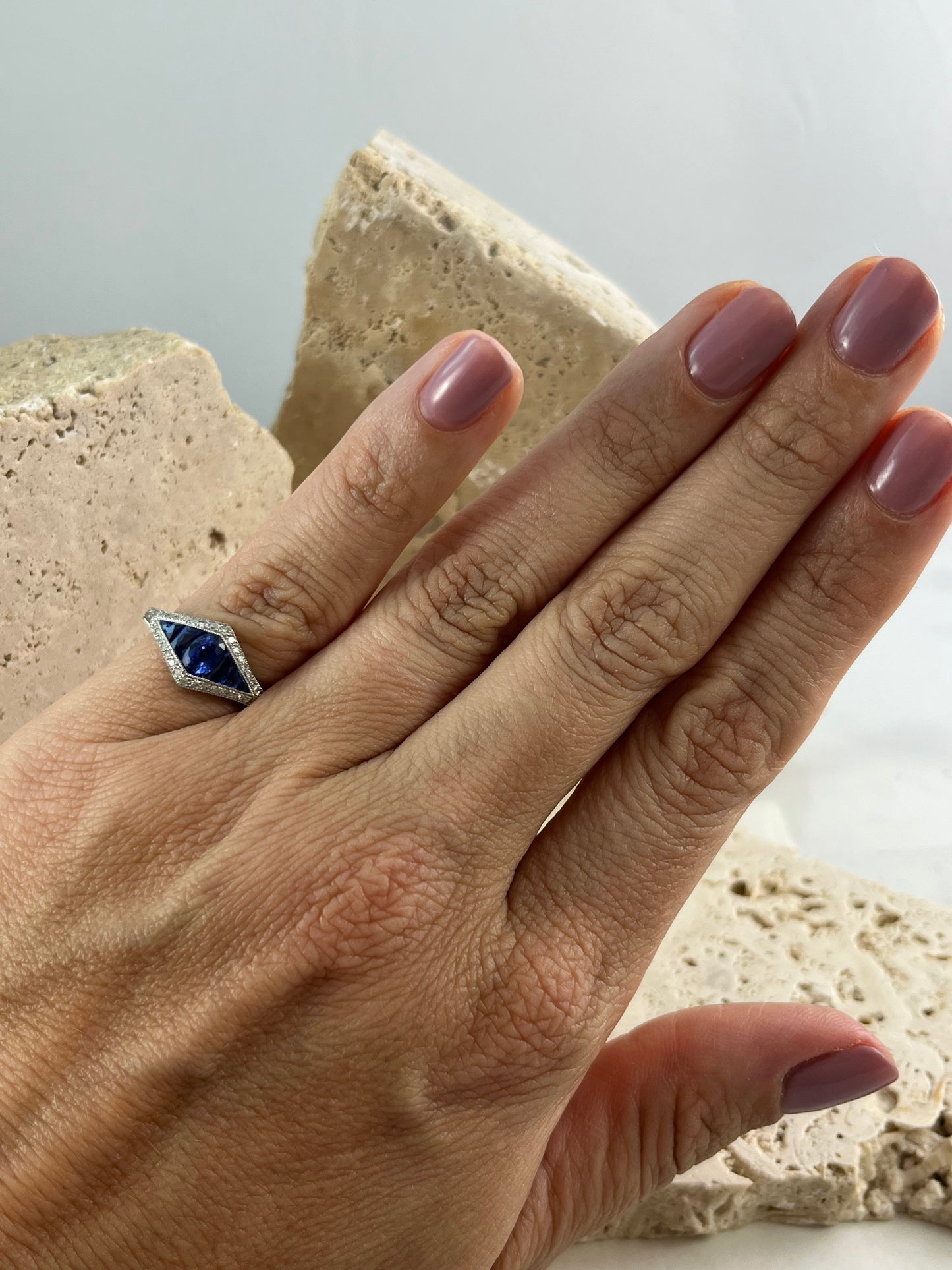 Art Deco Inspired Oval French Cut Sapphire Diamond Ring