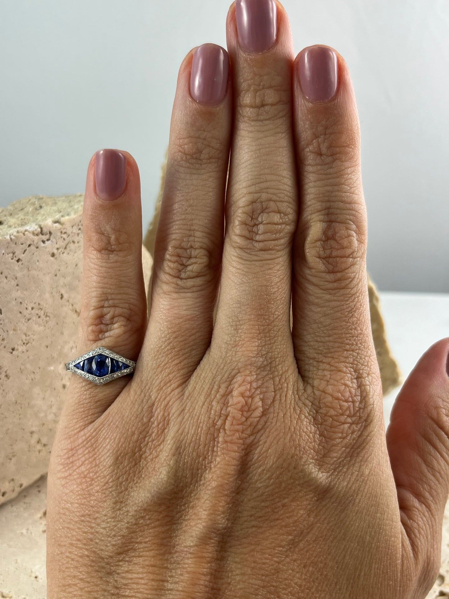 Art Deco Inspired Oval French Cut Sapphire Diamond Ring