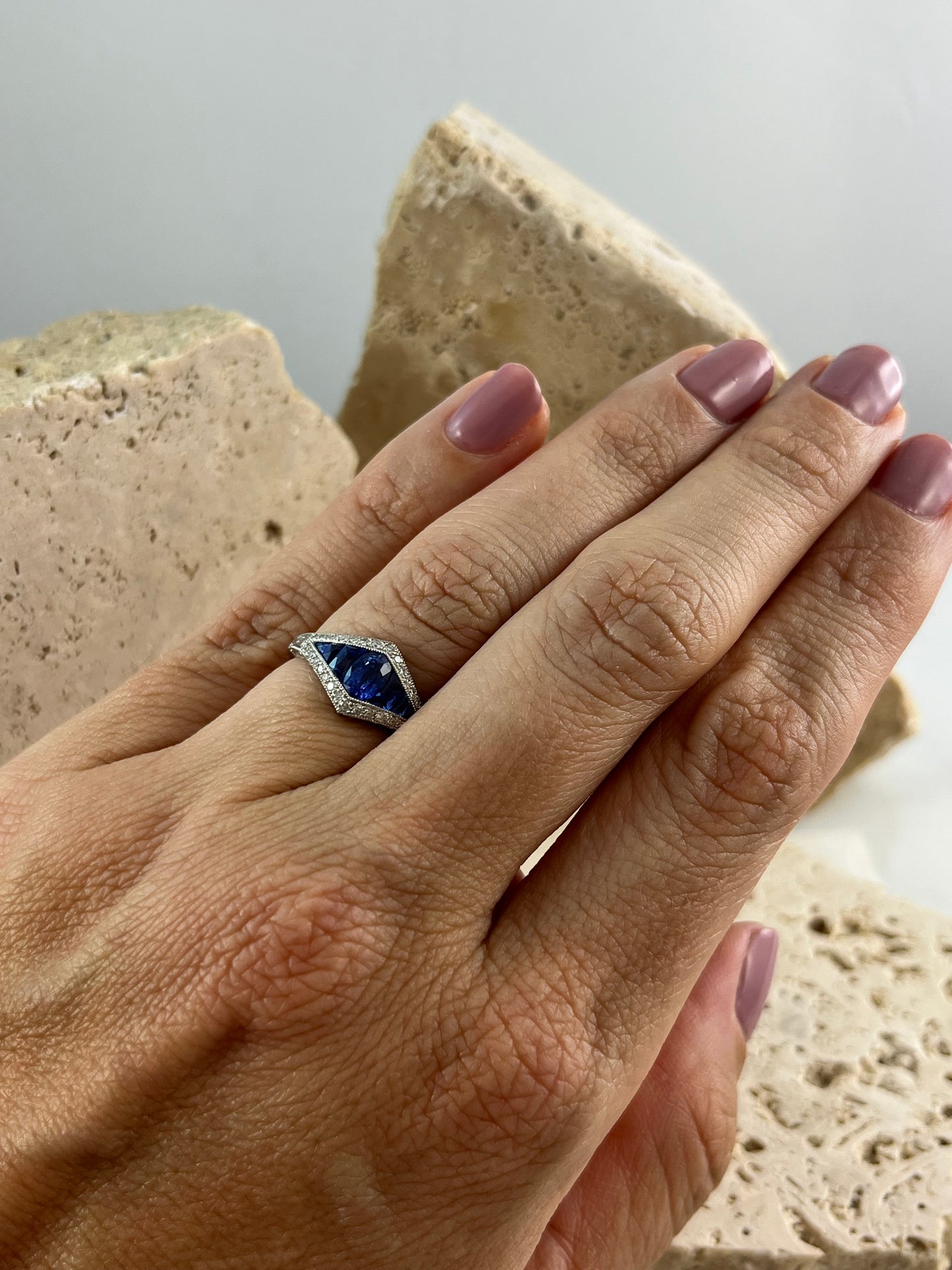 Art Deco Inspired Oval French Cut Sapphire Diamond Ring