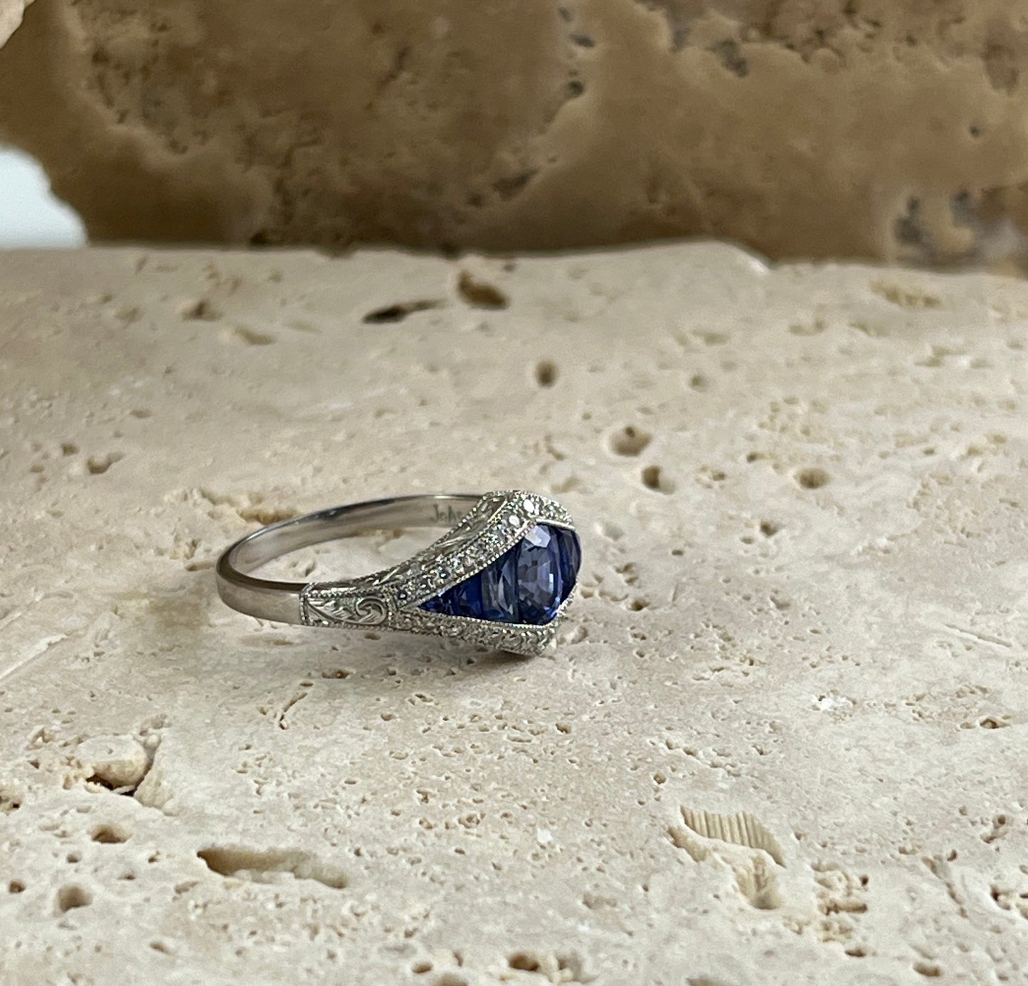 Art Deco Inspired Oval French Cut Sapphire Diamond Ring