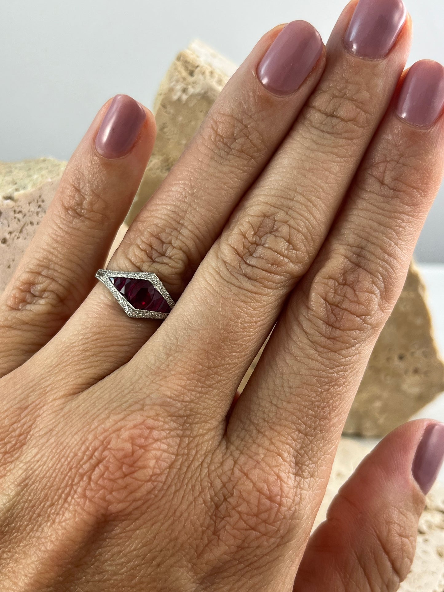 Art Deco Inspired Ruby Oval French Cut Diamond Platinum Ring