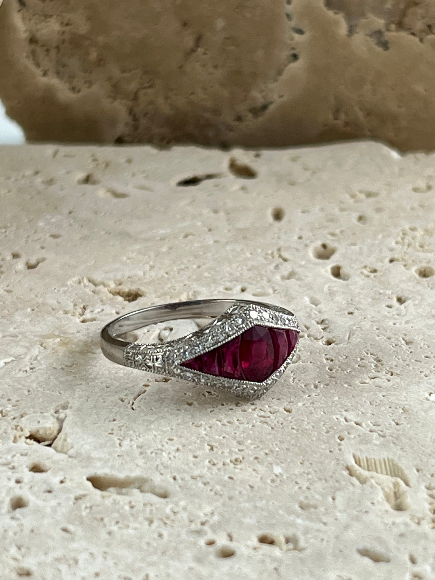 Art Deco Inspired Ruby Oval French Cut Diamond Platinum Ring