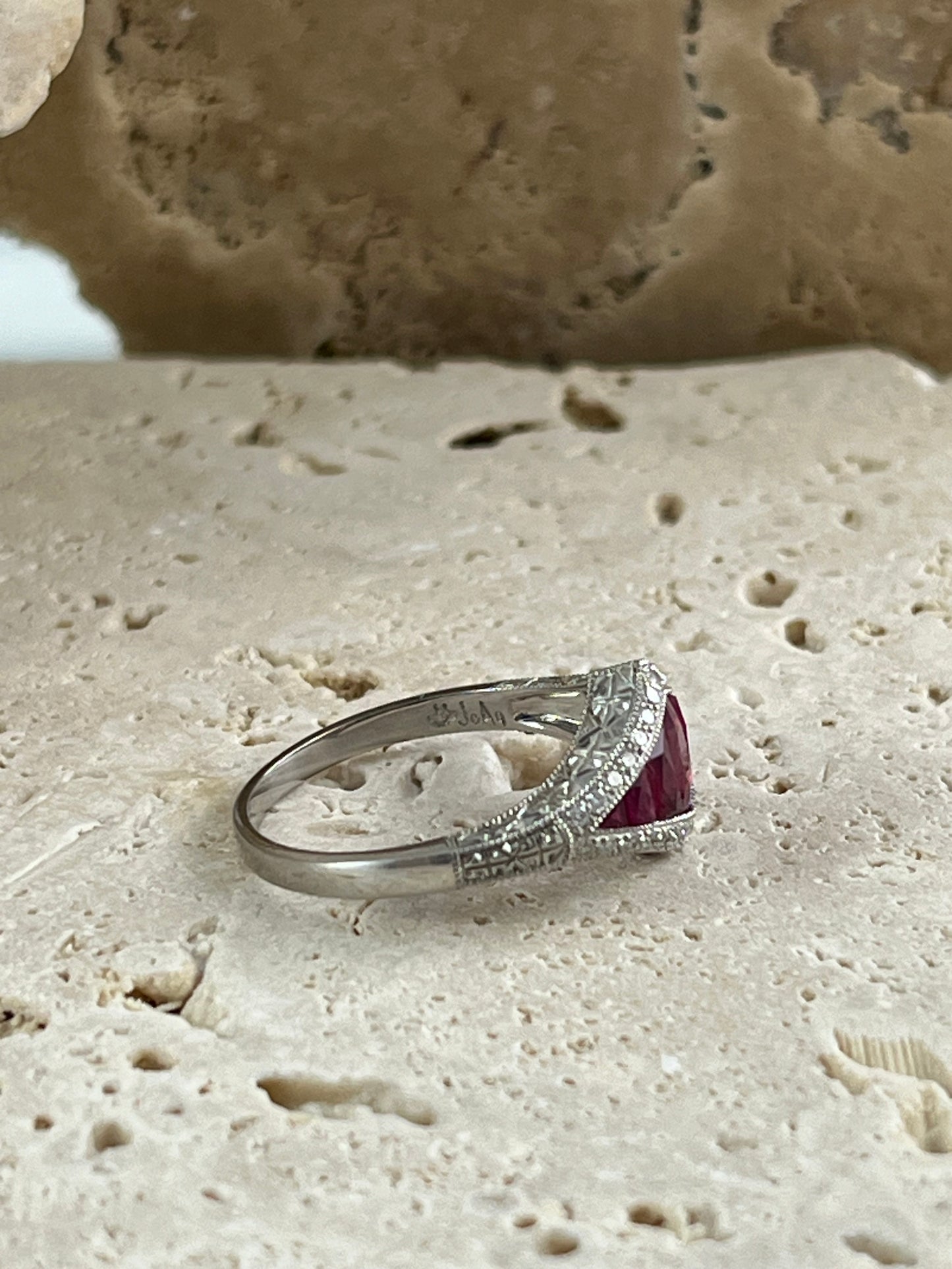 Art Deco Inspired Ruby Oval French Cut Diamond Platinum Ring