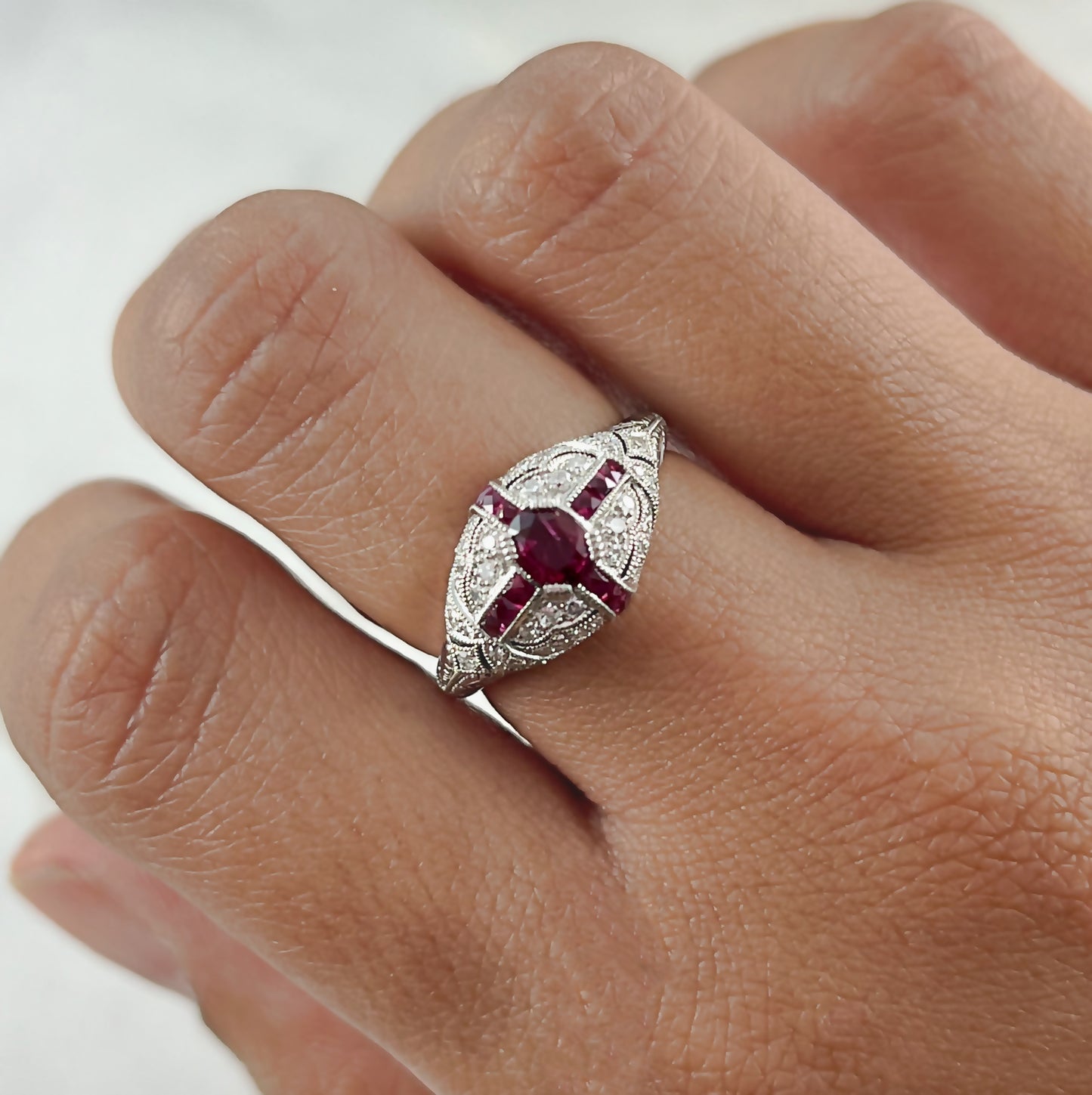 Art Deco Oval Ruby Diamond Platinum Ring Antique Inspired Natural