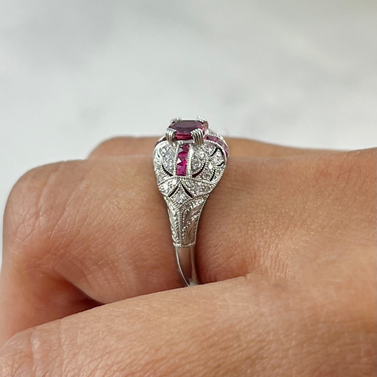 Art Deco Oval Ruby Diamond Platinum Ring Antique Inspired Natural