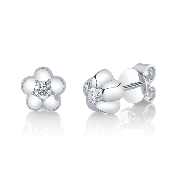 14K Gold Diamond Flower Stud Earrings