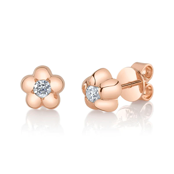 14K Gold Diamond Flower Stud Earrings