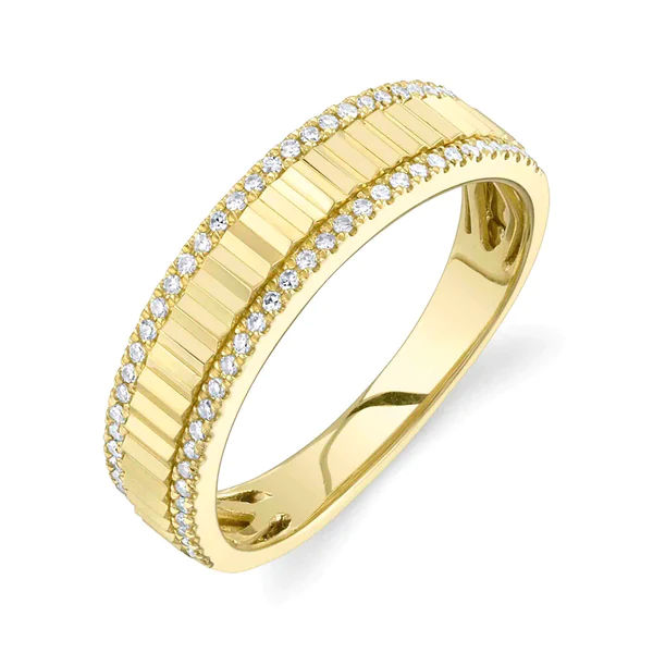 14K Gold Diamond Rippled Band Fluted Ring