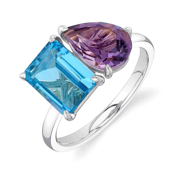 14K Blue Topaz Amethyst 2 Stone Ring