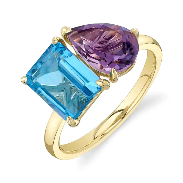 14K Blue Topaz Amethyst 2 Stone Ring