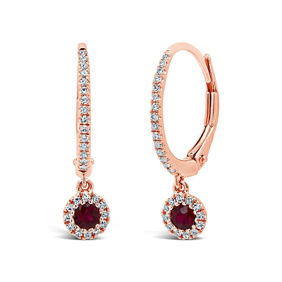 14K Gold 0.35 CT Diamond Ruby Lever Back Earrings