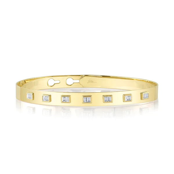 14K Gold Baguette Diamond Latch Lock Bangle Bracelet