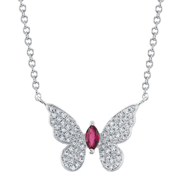 14K Gold 0.25 CT Diamond & 0.09 CT Ruby Butterfly Necklace