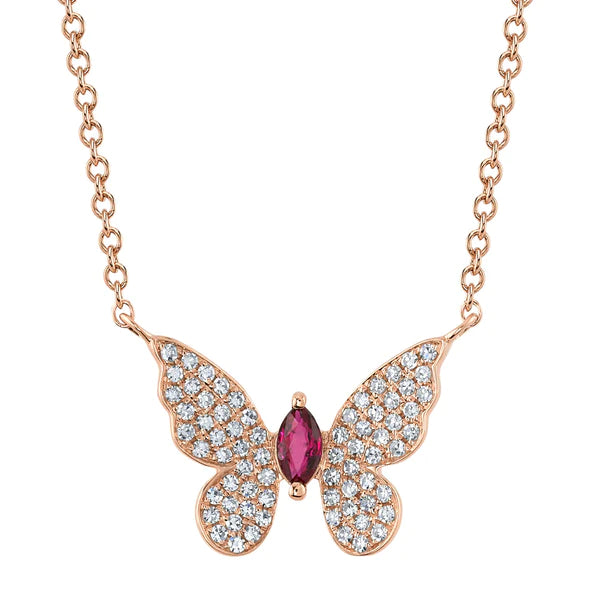 14K Gold 0.25 CT Diamond & 0.09 CT Ruby Butterfly Necklace