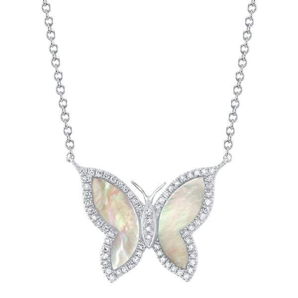 14K Gold Diamond Mother Of Pearl Butterfly Necklace