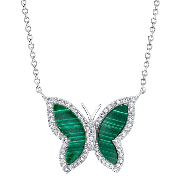 14K Gold Diamond Malachite Butterfly Necklace