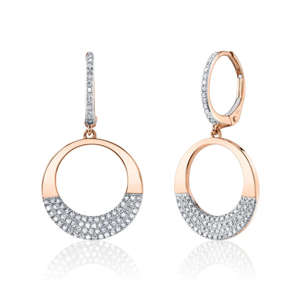 14K Gold Diamond Open Circle Drop Earrings