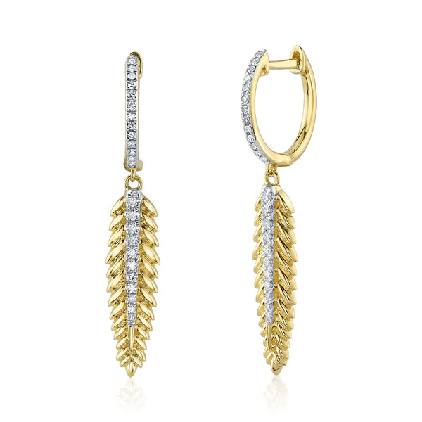 14K Gold Diamond Feather Earrings