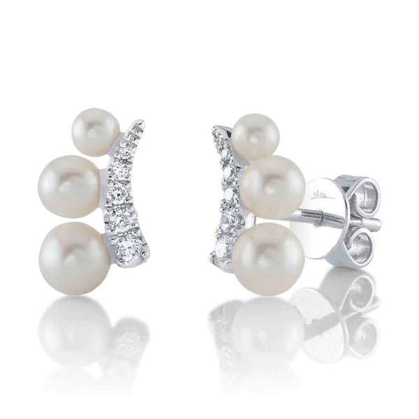 14K Gold Diamond Pearl Stud Earrings