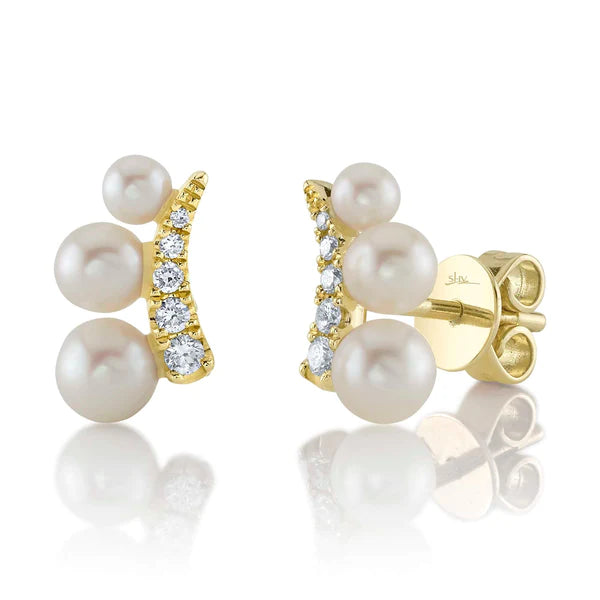 14K Gold Diamond Pearl Stud Earrings