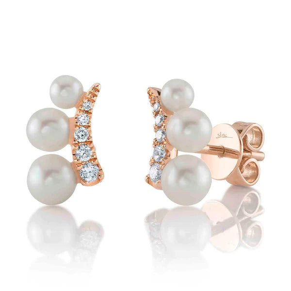 14K Gold Diamond Pearl Stud Earrings