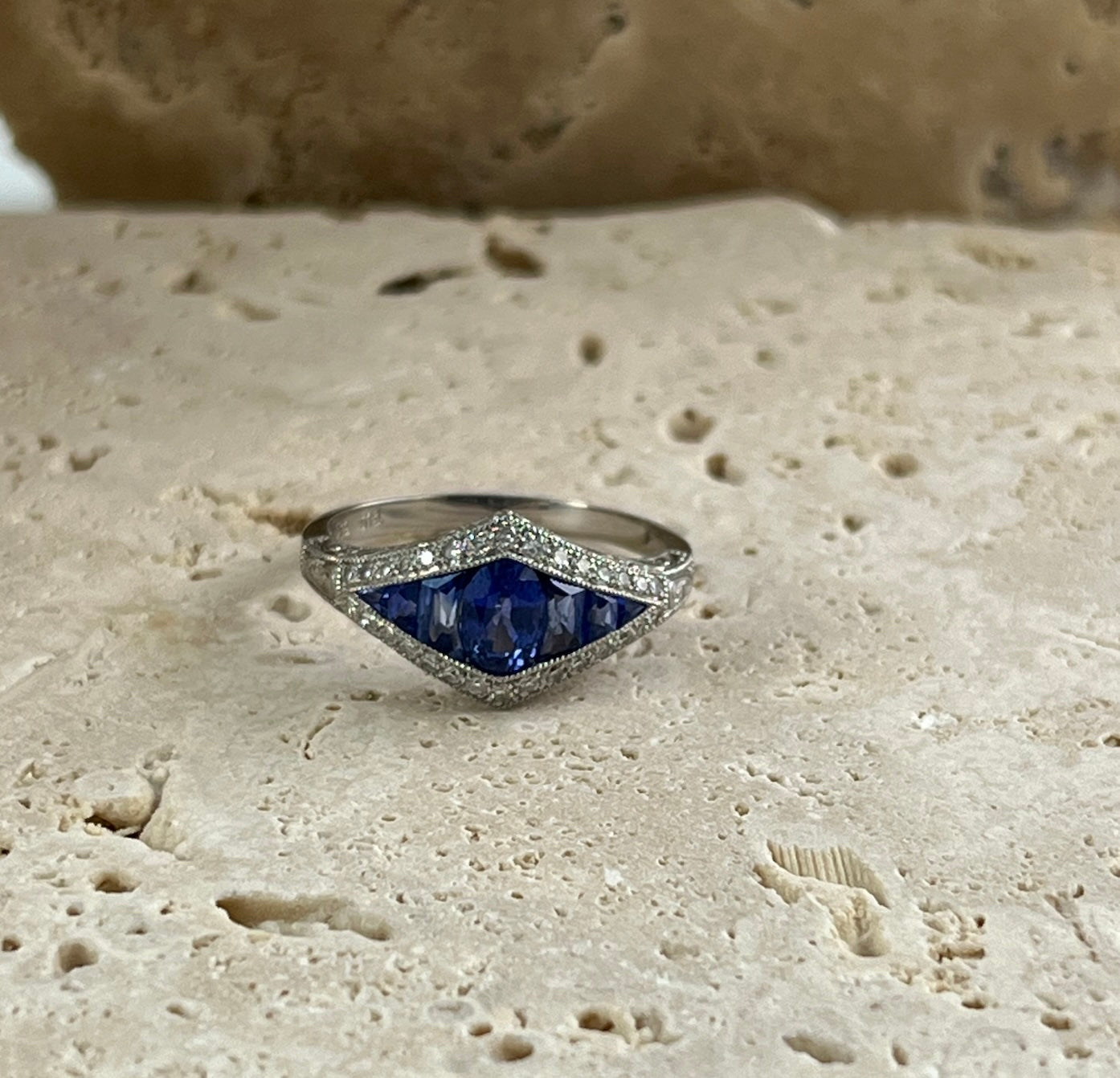 Art Deco Inspired Oval French Cut Sapphire Diamond Ring