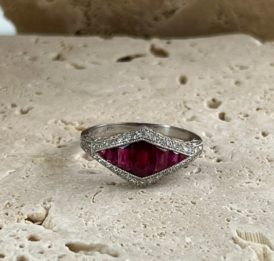 Art Deco Inspired Ruby Oval French Cut Diamond Platinum Ring