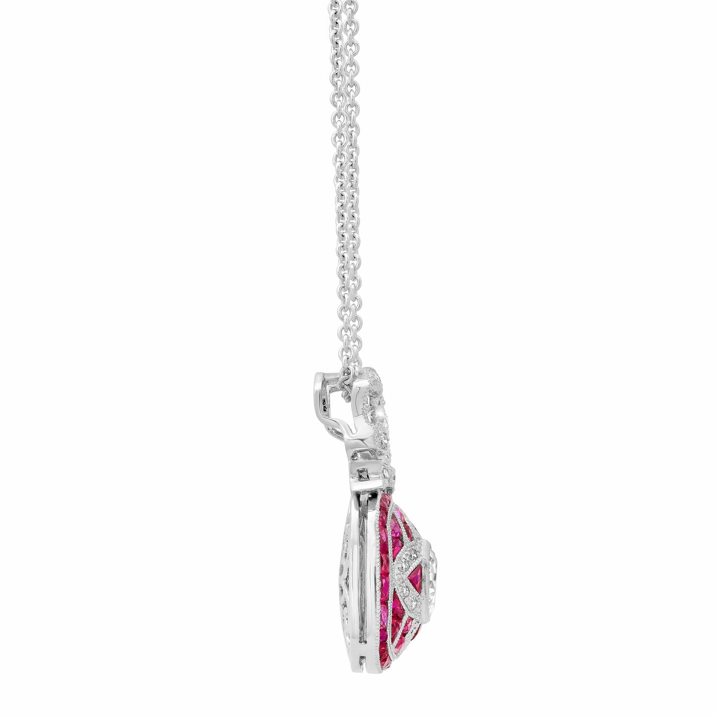 Art Deco Old Mine European Diamond Ruby Bow Pendant Necklace Platinum with Chain